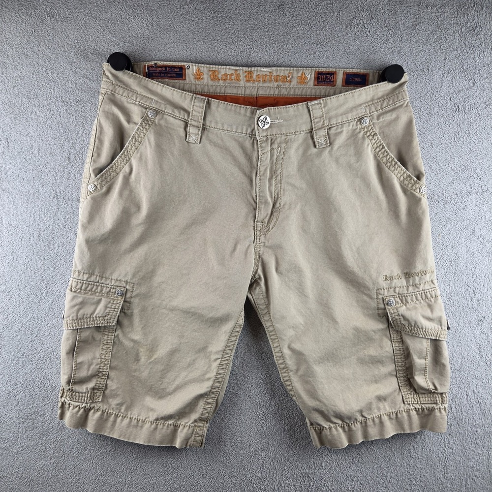Rock Revival Khaki Heavy Stitch Multi Pocket Classic Cargo Shorts Men 38/24(41)